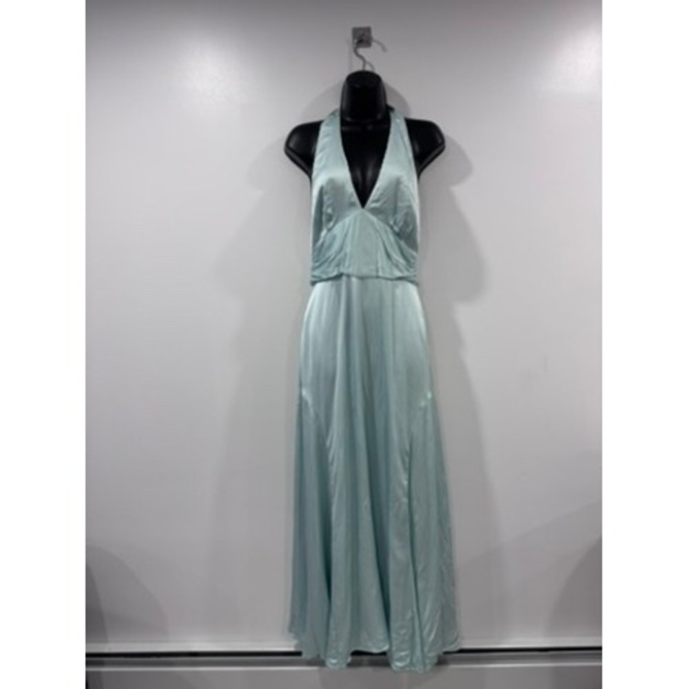 Maison Armory Light Blue Satin Halter Maxi Dress V-Neck Backless Gown Size Small